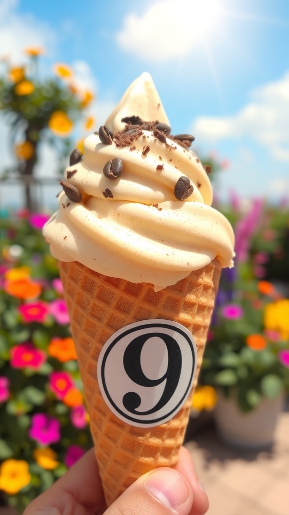 A delicious scoop of Number 9 ice cream in a cone, garnished with chocolate shavings and coffee beans.